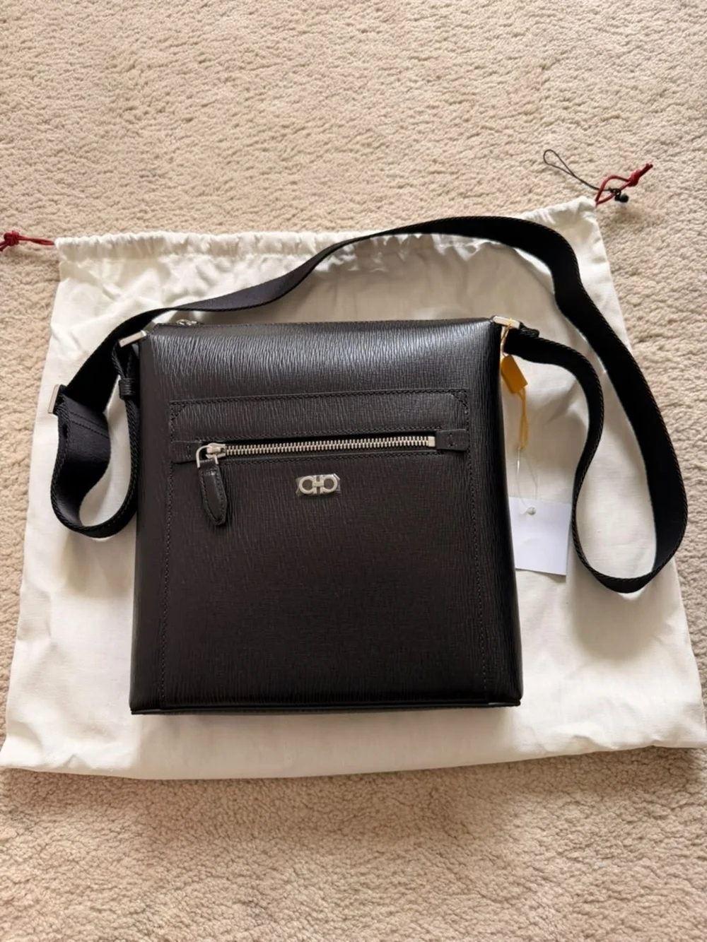 Salvatore Ferragamo Black Leather Messenger Crossbody with Adjustable Strap